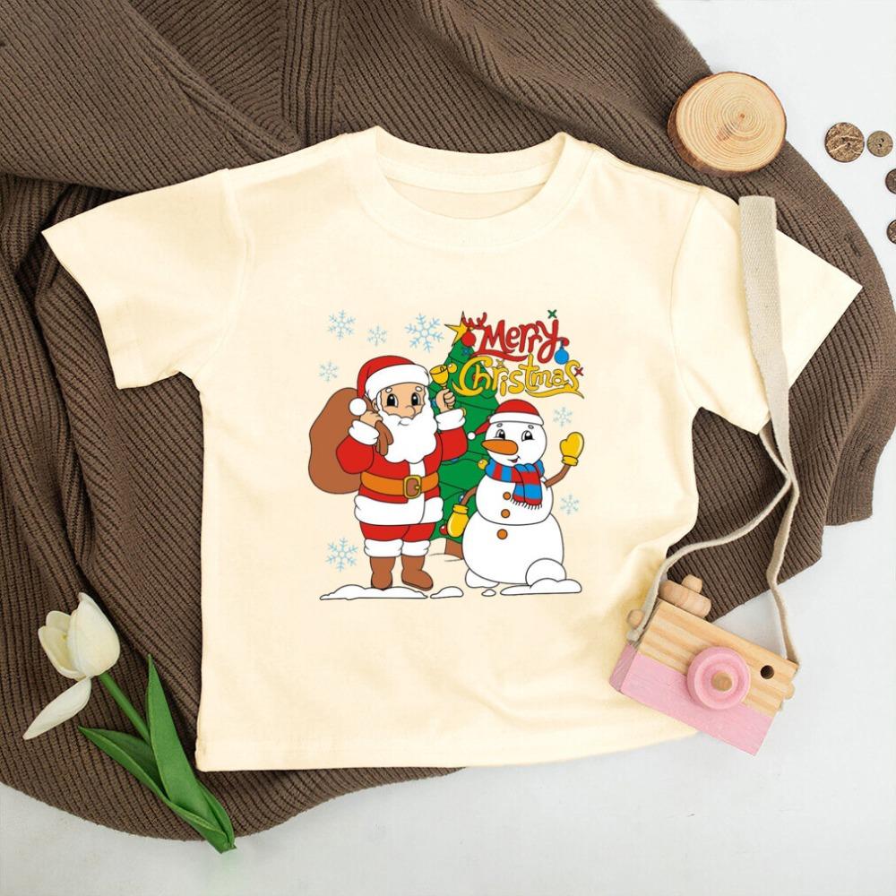 Santa Printed Christmas Kids Shirt Christmas Party Boys Girl Outfit Child Retro Short Sleeve T-shirt Toddler Xmas Holiday Shirts