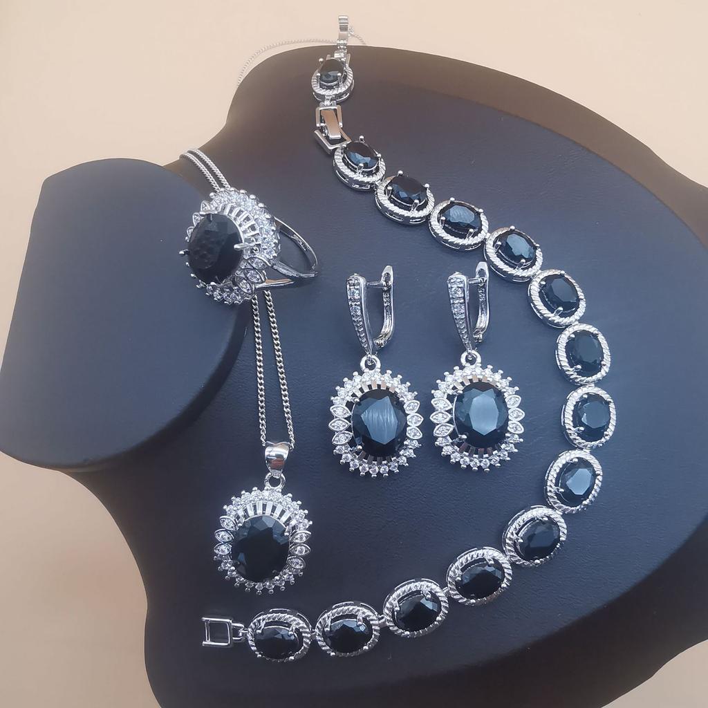 New Temperament Jewelry - Platinum Plated Amethyst Zircon Necklace Earrings Ring Set Jewelry  Piece Set