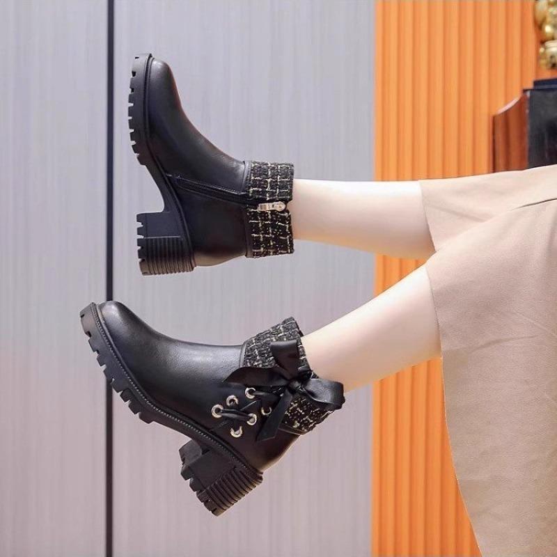 Lace-up Bow Booties Fashion Round Toe Side Zipper Soft Sole Anti-Slip Wear-Resistant Block Heel Shoes for Women