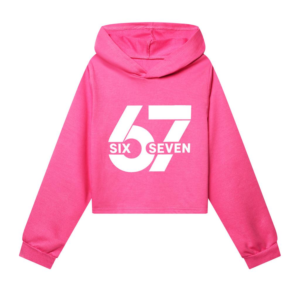 

5398 Girls Steal a Brainrot 67 Printed Round Neck Long Sleeves Short Hoodies 170cm Яскраво-рожевий