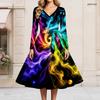 Women Plus Size V Neck Long Sleeve Teal Brown Printed A Line Flared Dress With Belt