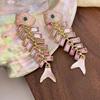 Vintage Medieval Pink Diamond Fish Bone Earrings High-end Sense Fashion Niche Personality Vacation Wind No Ear Clips