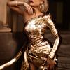 Women's One Shoulder Long Sleeve Mini Dress Slim Fit High Waist Solid Sequin Ruched Bodycon Party Dress