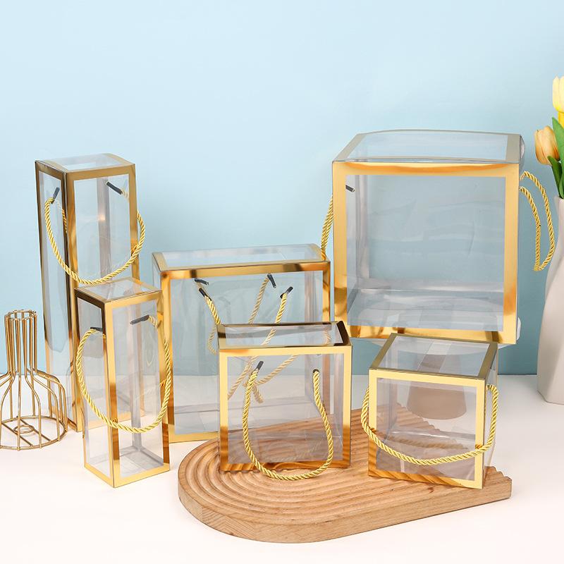 

10pcs transparent PVC tote bags boxy handle gift bags with gold or silver trim for weddings birthdays party and retail display 10pcs&7x7x21cm золотистый