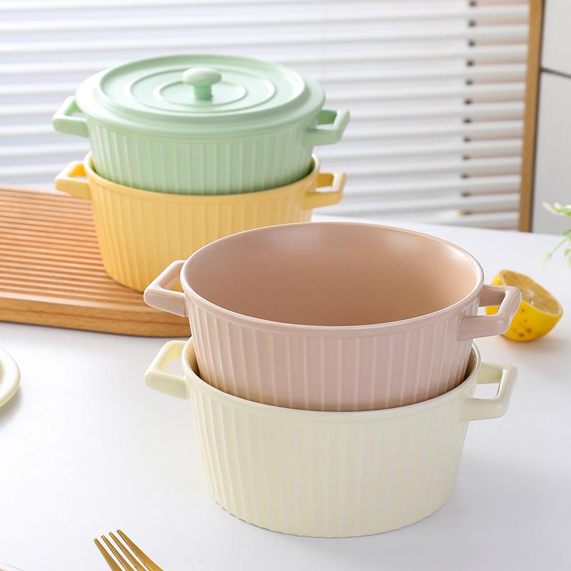 Simple Ceramic Binaural Soup Bowl Noodle Bowl Household Large-Capacity Instant Noodle Bowl With Lid Tableware Soup Basin Snail Powder Bowl