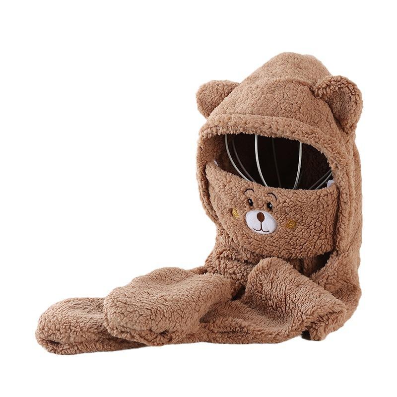 Korean-Style Cute Bear Plush Hat & Scarf Set for Women - Cozy Autumn/Winter Wear
