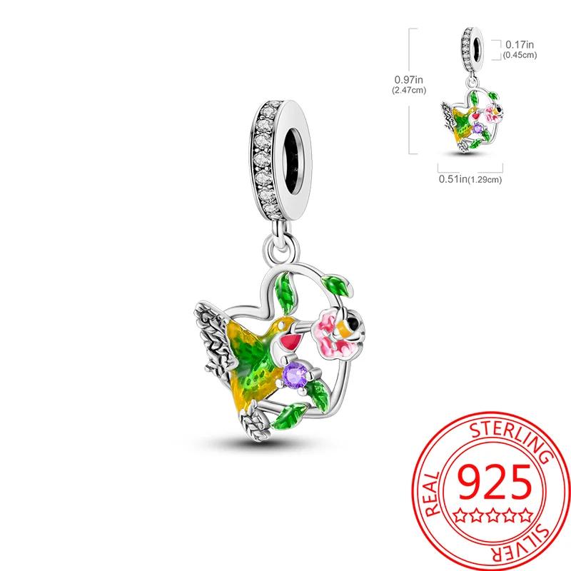 Real Copper Colorful Hummingbird Flowers Charms Spring Series Beads Fit Original Bracelets Diy Jewelry For Women