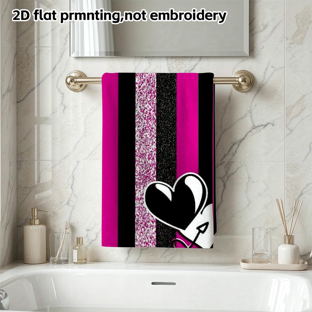 Quick Dry Absorbent Bath Towel, Pink Black Stripes And Heart Print, Soft Wash Towel