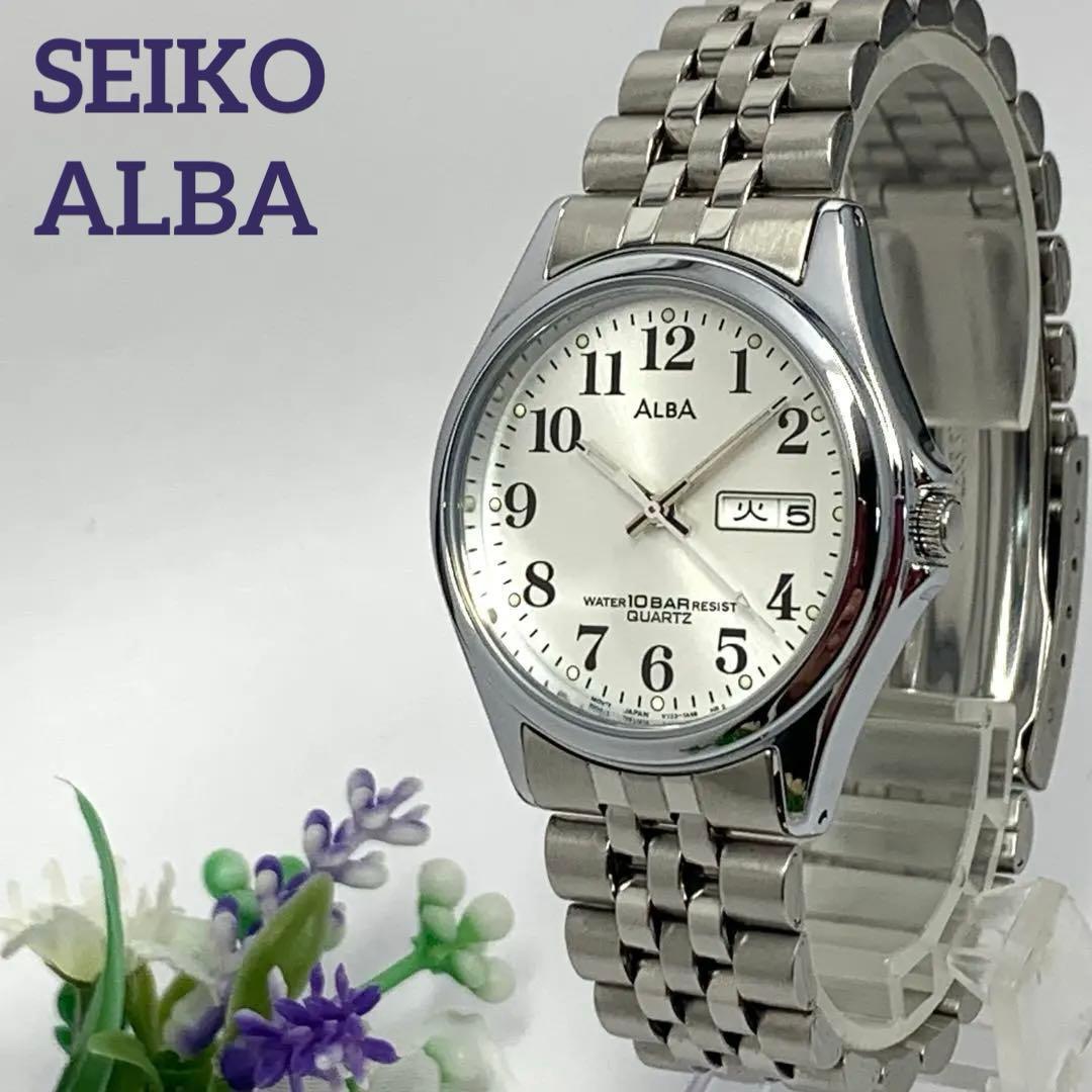 720 Working item Battery replaced SEIKO ALBA 10BAR Men s Watch Quartz 3 Hand Silver Calendar Day Date Popular Rare V733-7A70