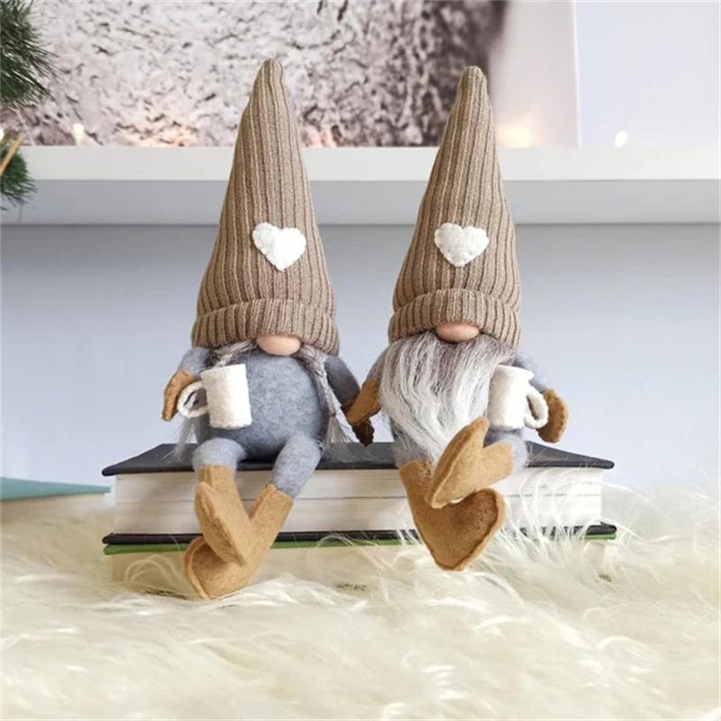 Christmas Decoration Knitted Faceless Plush Gnome Doll Hanging Leg Holding Coffee Doll Table Holiday Decor Home Daily Decoration