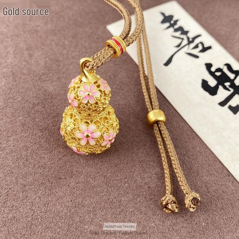 Gold Cloisonné Peach Blossom Gourd Pendant Necklace with Coffee Braided Rope