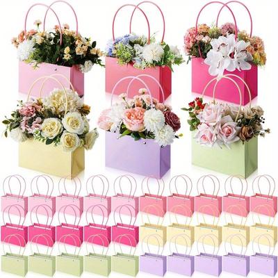 Gift For Her/Him: 6Pcs Elegant Kraft Paper Gift Bags With Handles | Pink, Yellow, Purple, Green Floral Boxes - Suitable For Weddings, Birthdays,