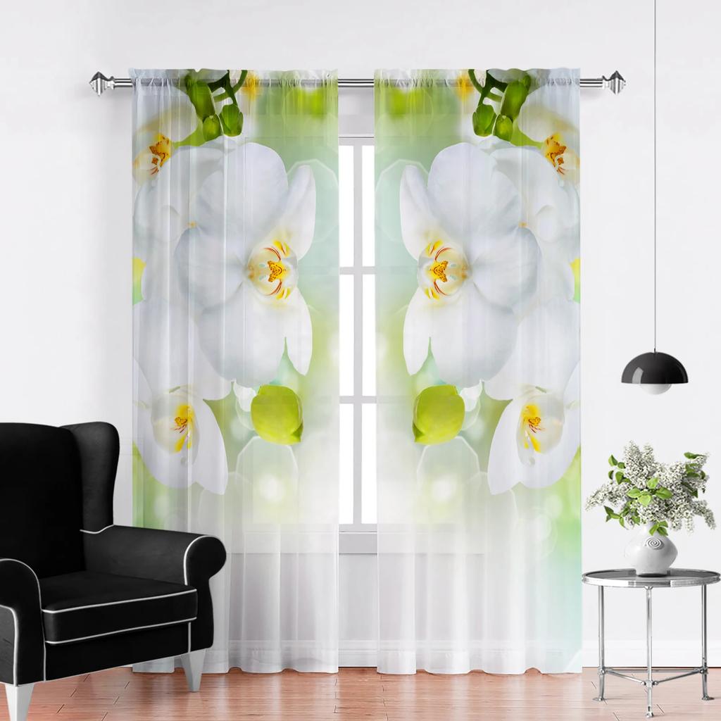 Phalaenopsis Floral Voile Curtain Living Dining Room Bedroom Kitchen Window Transparent Chiffon Flowers Tulle Curtains Light Filtering Polyester Decor