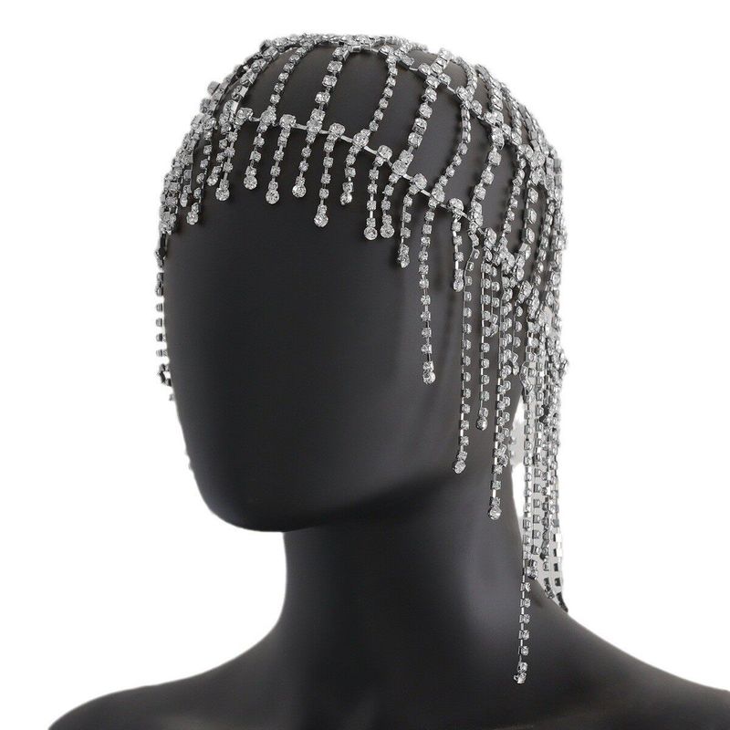 

Full Rhinestone Tassel Hair Accessories Nightclub Stage Fashion Hair Chain Pearl Cap Diamond Show Rhinestone Hair Net Hair Accessories Silver