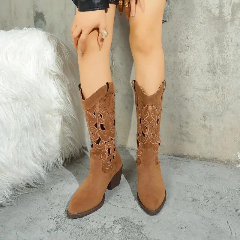 

Мода 2025 Новая женская обувь До середины икры Женские сапоги Модные ажурные Современные сапоги Женские Горячая распродажа Вышивка Обувь слипоны для женщин 36