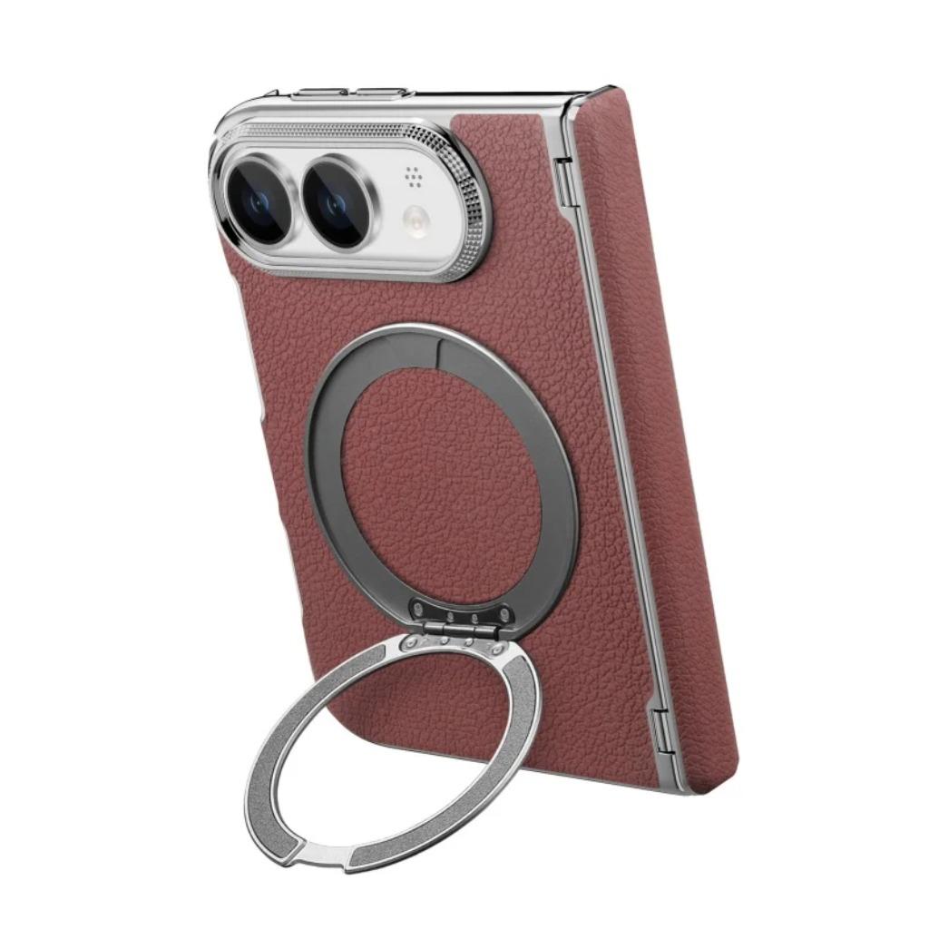 360 ° Rotating Magnetic Ring Kickstand Phone Case for IPhone Duo 18 Fold PU Leather Hinge Protection Wireless Charging Cover