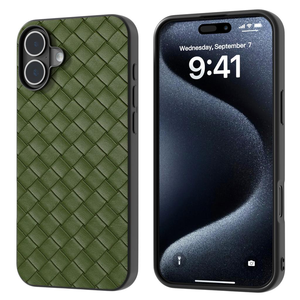 For iPhone 16 Plus Case Woven Texture Leather+PC+TPU Hybrid Phone Cover