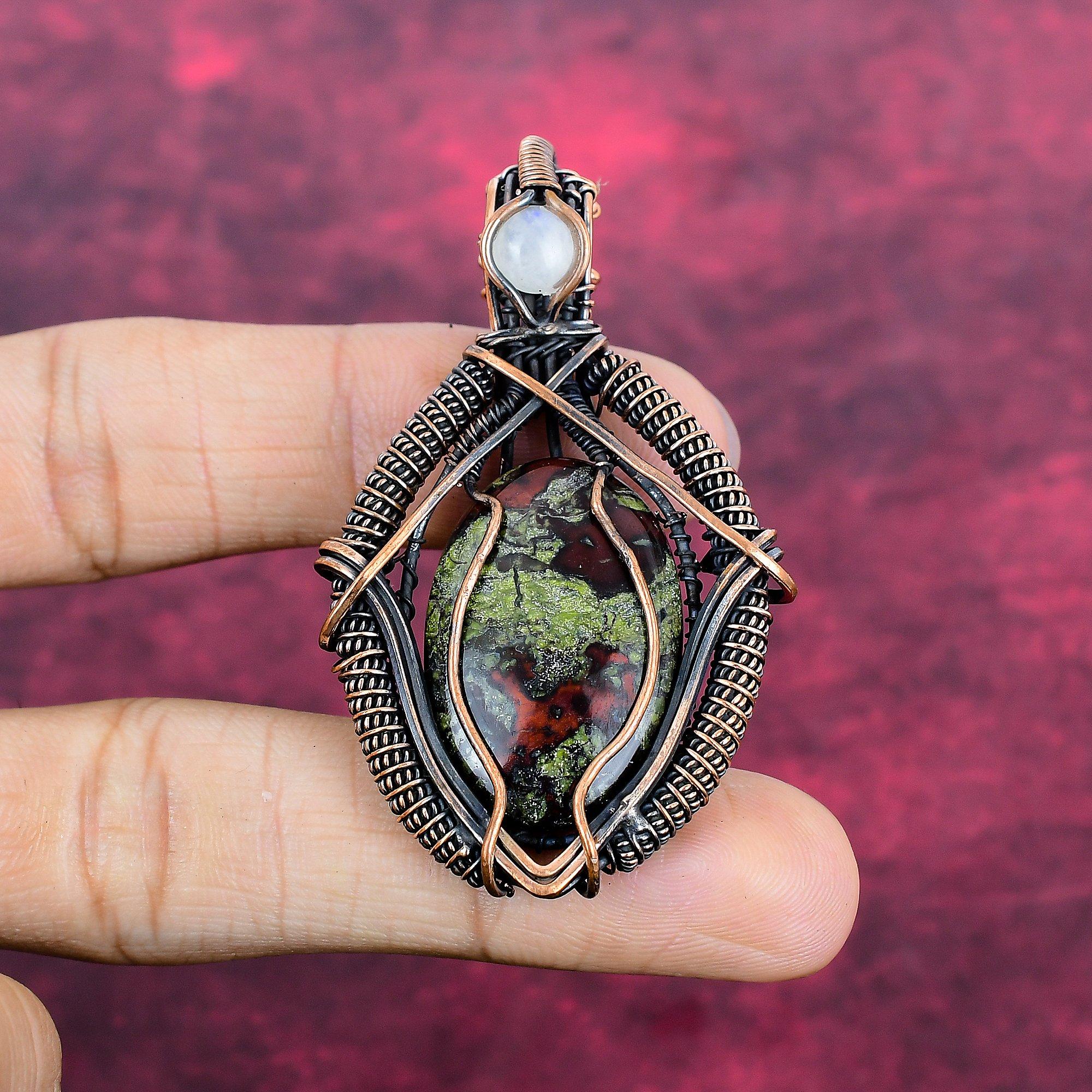 Dragon Bloodstone Gemstone Pendant Copper Wire Wrapped Rainbow Moonstone Jewelry