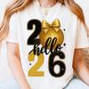 Hello 2026 Glitter Disco Ball NYE Shirt New Years Eve Party Outfit Celebration Fashion Oneck Printed Woman Adult Cotton Tops