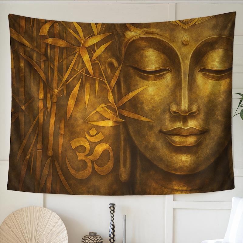 Tapestry of a golden Buddha with the symbol of om 75x100