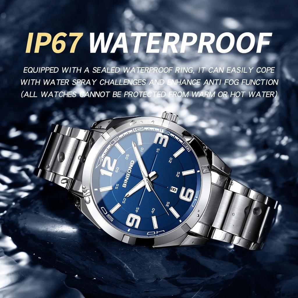 BINBOND New Business Men's Watch Luxury Stainless Steel Strap Waterproof Sports Watch Original Luminous Quartz Watches for Men