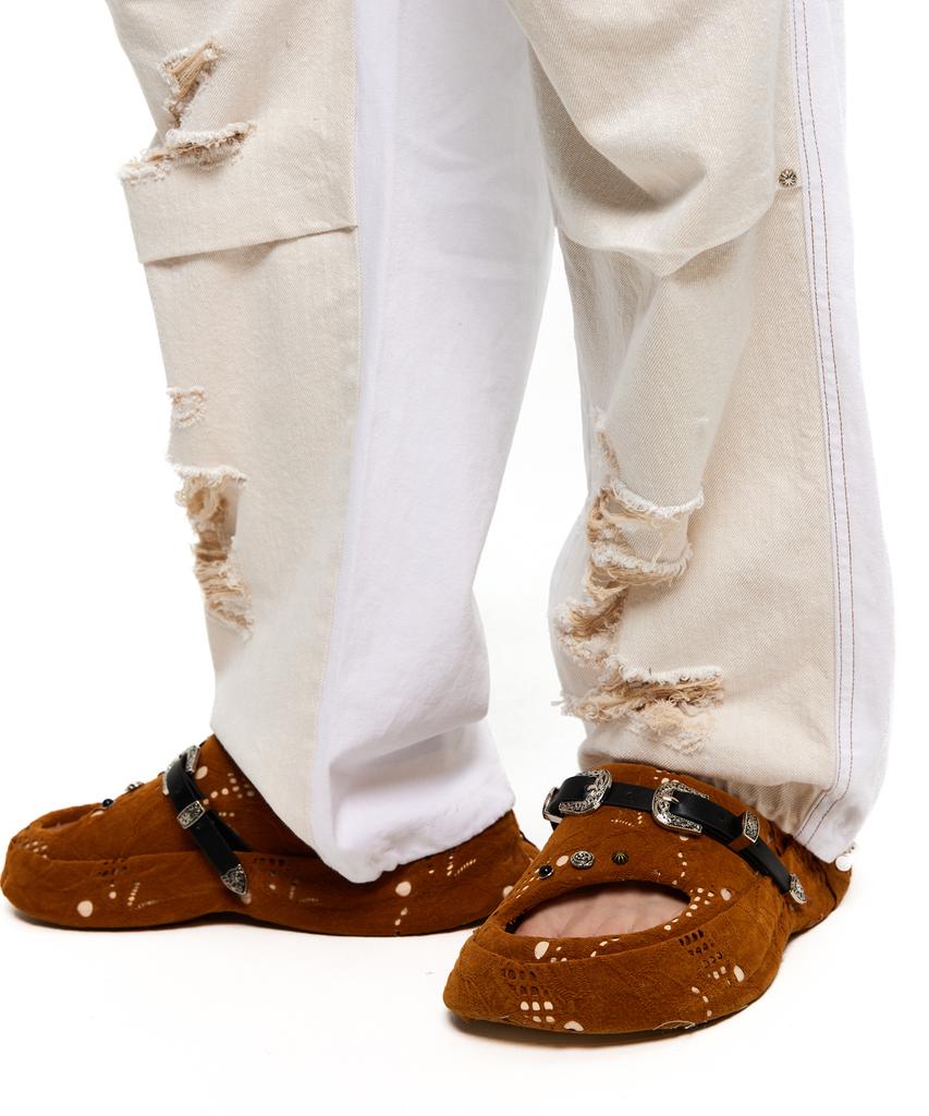 Aleseuseussi Layerd Destroyed Denim Pants - Ivory/White