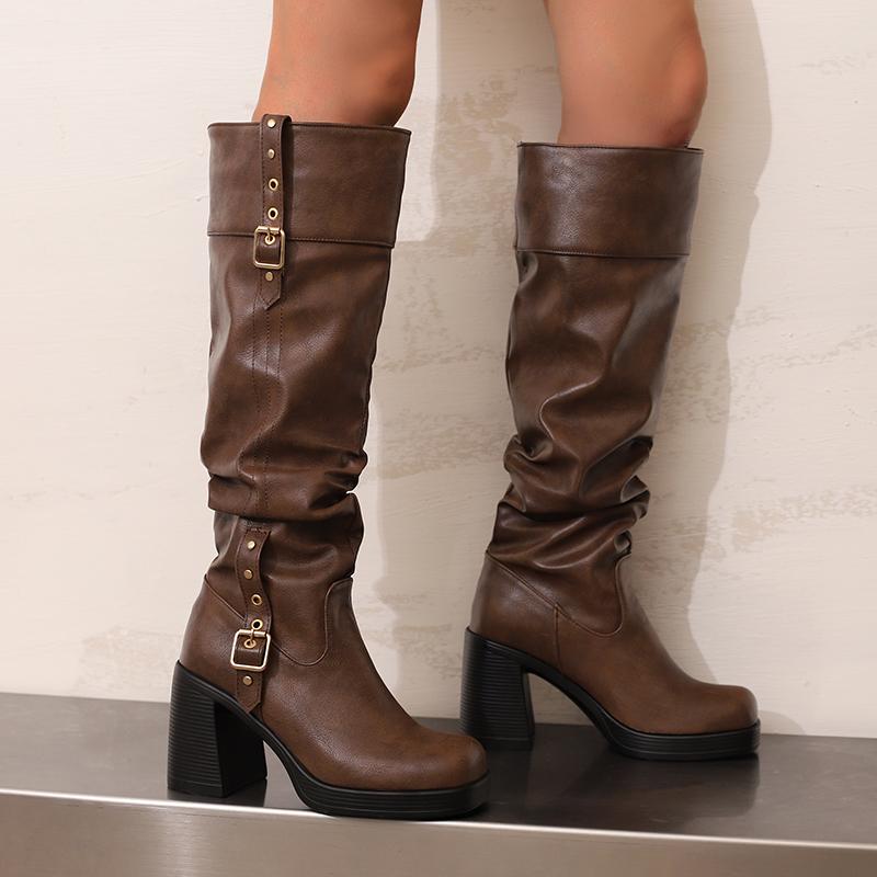 Women's High-heeled Boots Autumn and Winter Thick-heeled Large-size Casual Boots Roman Medium Boots