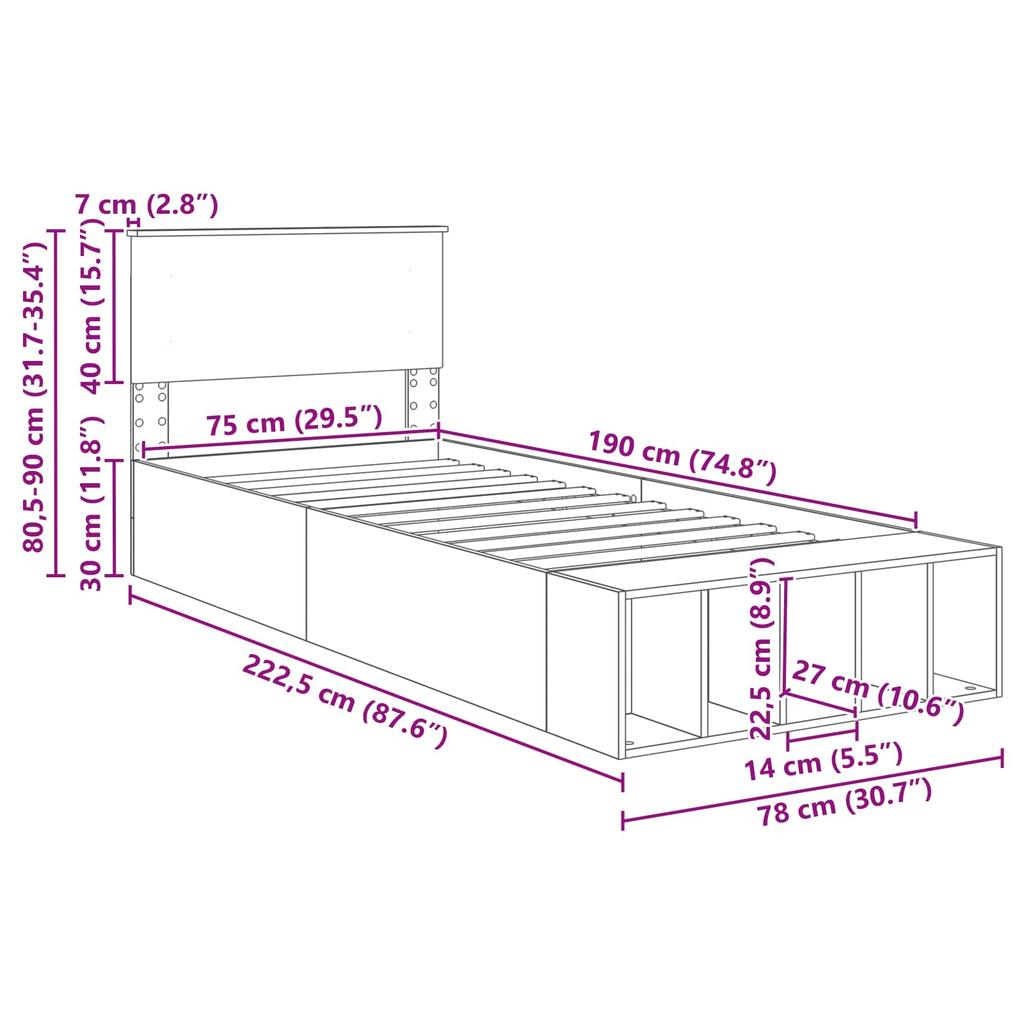 Bed Frame with Shelf Grey Sonoma 75 x 190 cm Engineered Wood