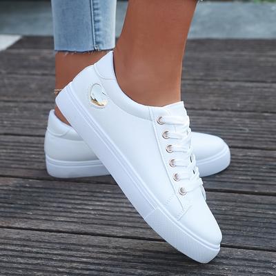 Reine weiße Low-Top-Sneaker für Damen - Bequeme Freizeitschuhe mit goldenen Akzenten, Gummisohle, Geeignet für den ganzen Tag