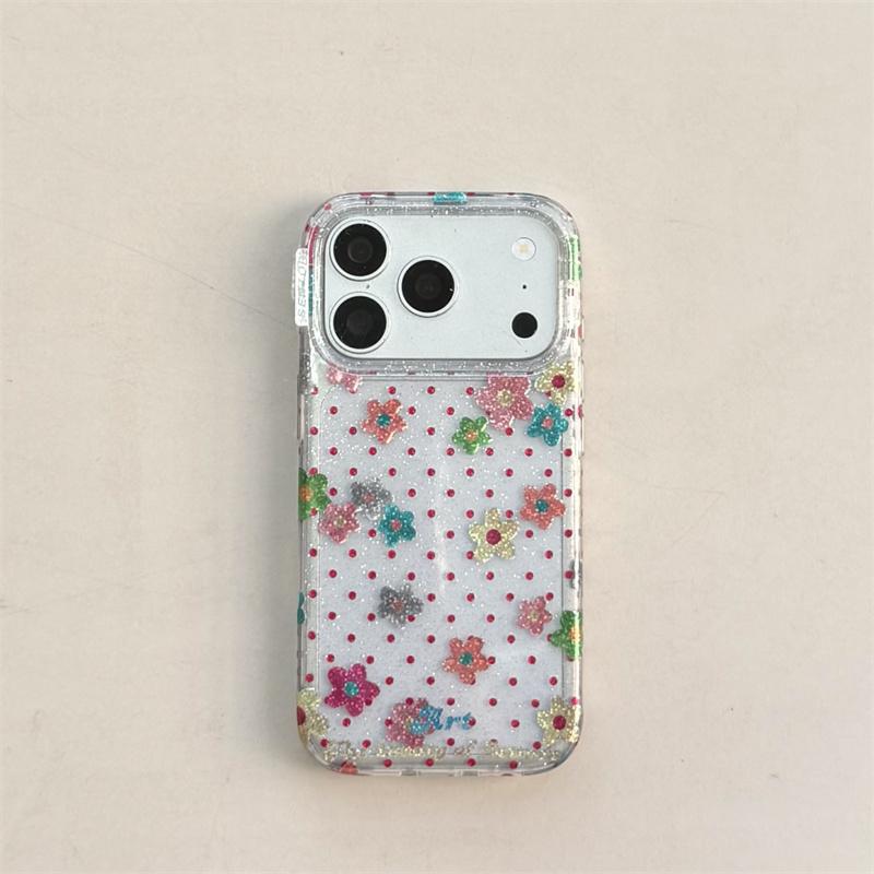 Soft Pink Flower Polka Dot Glitter Clear Case With Wrist Strap For iPhone 15 16 17 Pro Max INS Kawaii Shockproof Cover