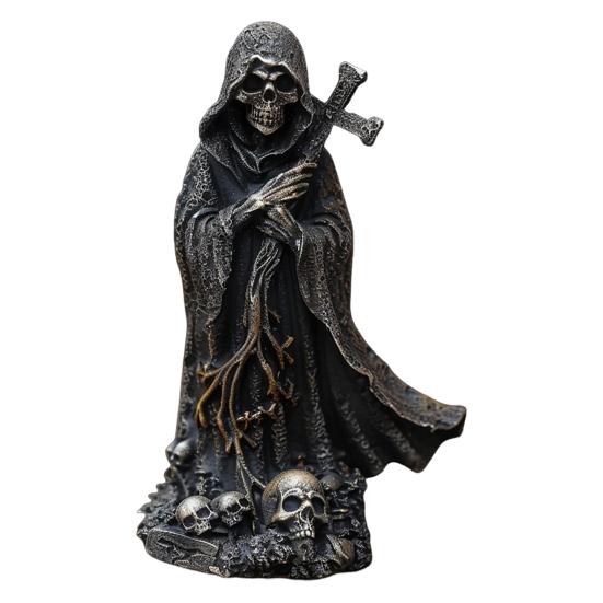 Grim Reaper Statue Halloween Black Horror Robe Sculpture Gothic Resin Santa Muerte Figurine for Halloween Indoor Bookshelf Desk Decor