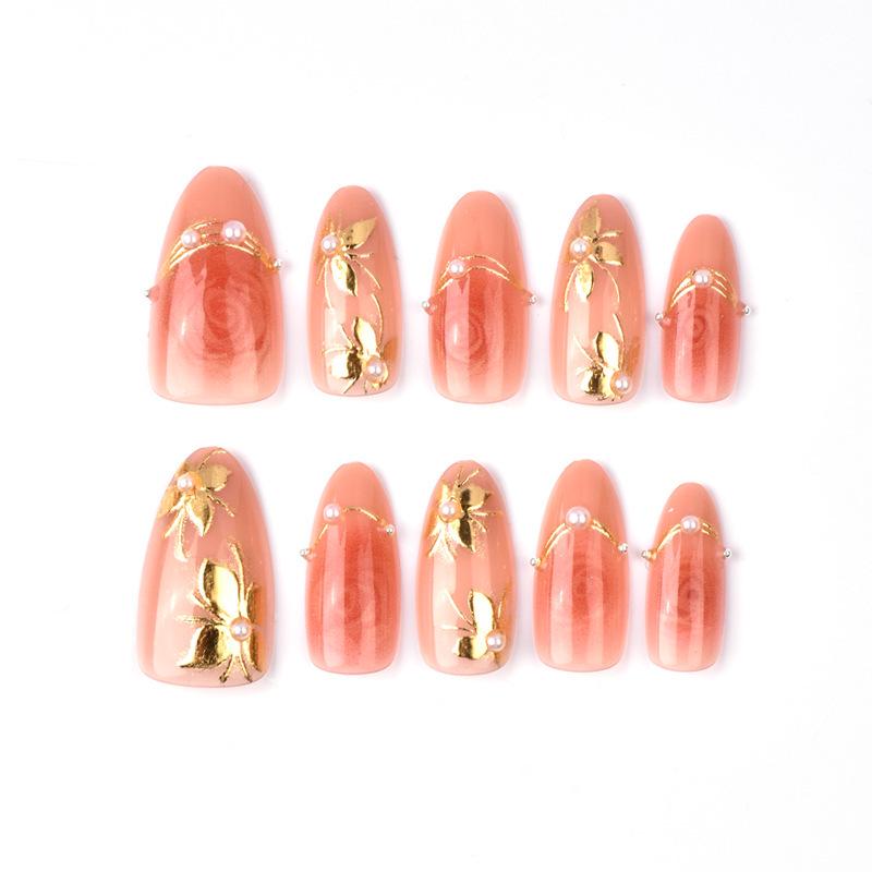 30-Piece Pink Rose Gilded Pearl Flower Nail Art Tips - Valentine's Day Handmade Almond Wearable Nails