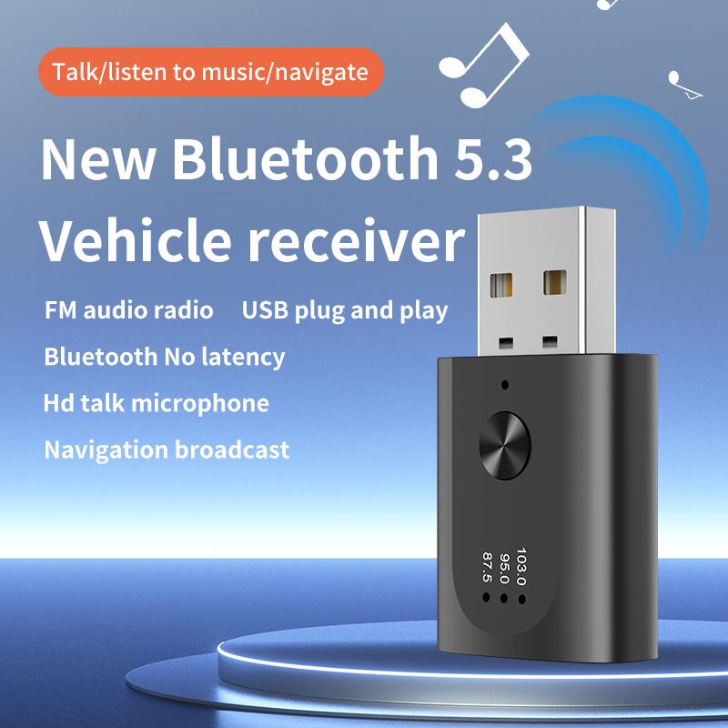 M08 USB Bluetooth-compatible 5.3 Adapter FM Radio Hands-Free Call Music Car Wireless Audio Receiver