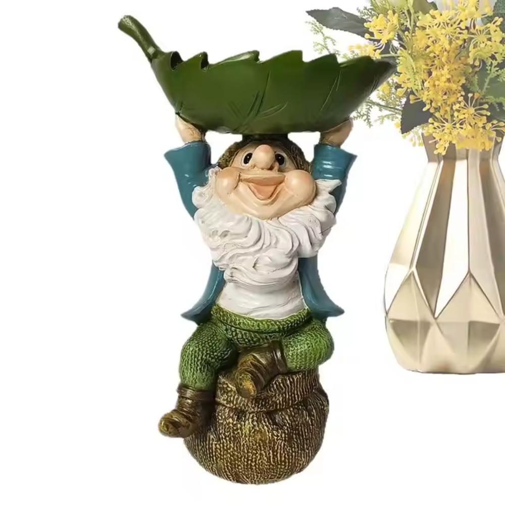 Cartoon Dwarf Sculpture Holding Leaves Garden Gnome Statue Unique Bird Feeder  Garden Decor