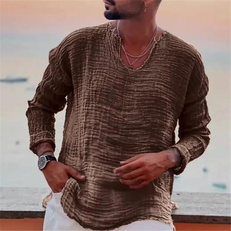 Pánské košile s výstřihem do V s dlouhým rukávem Ležérní košile topy Burr Edge Skládaný Jednobarevný Volný střih Tenký pulovr Topy Streetwear