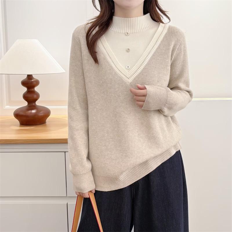 

2025 Winter Women s Plus Size Color Block 2-Piece Knit Sweater - Half High Neck 3XL хаки
