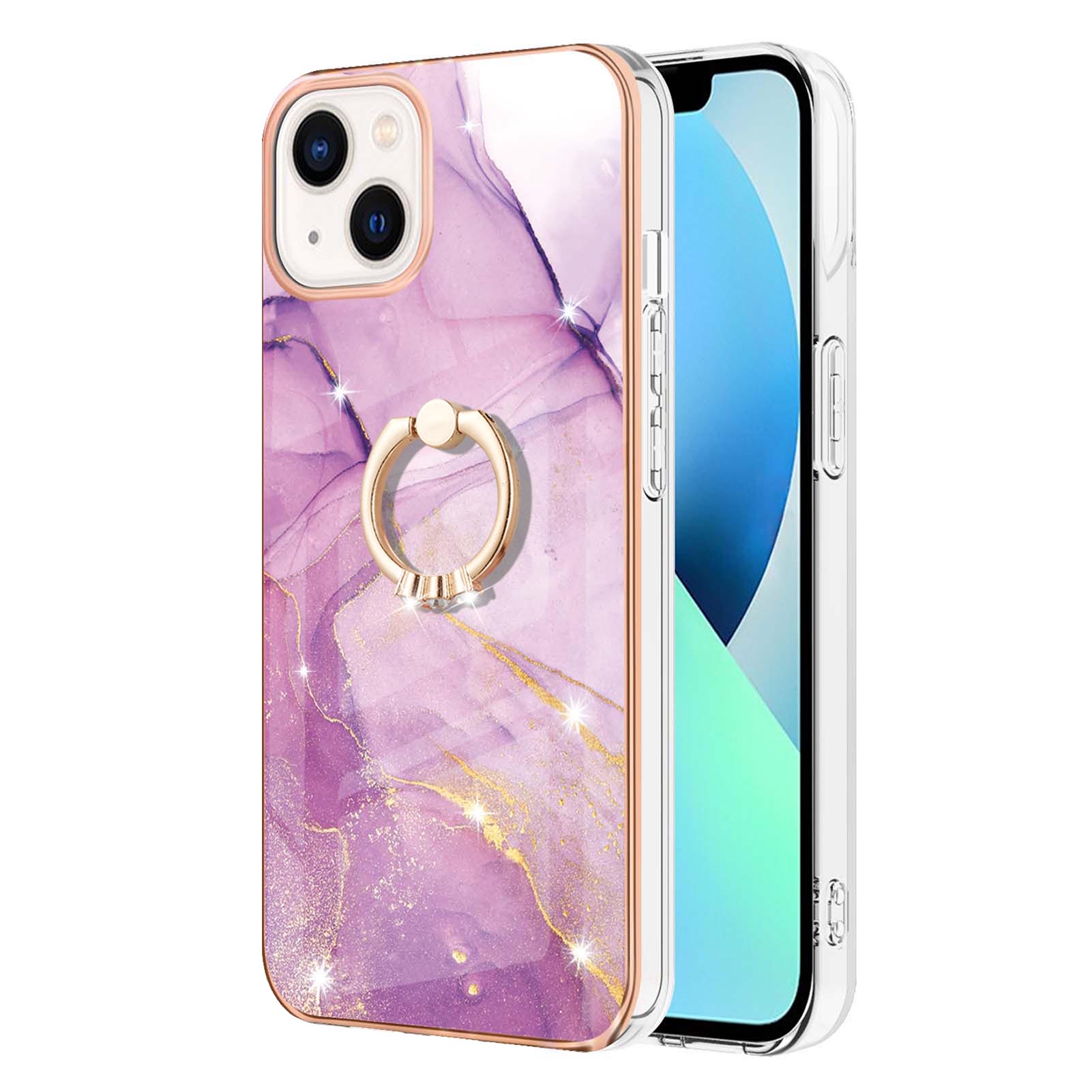 

For iPhone 15 Case with Ring Kickstand Marble Pattern Electroplating TPU Back Cover Green 003