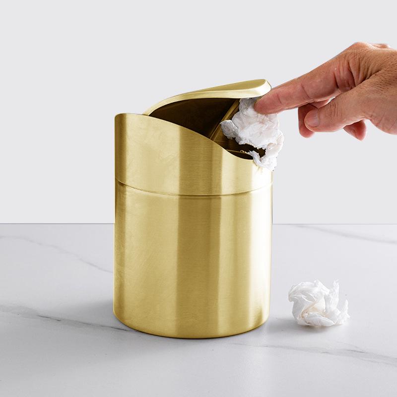 Gold Desktop Trash Can - 304 Stainless Steel Mini Bin with Lid, Light Luxury Storage Basket