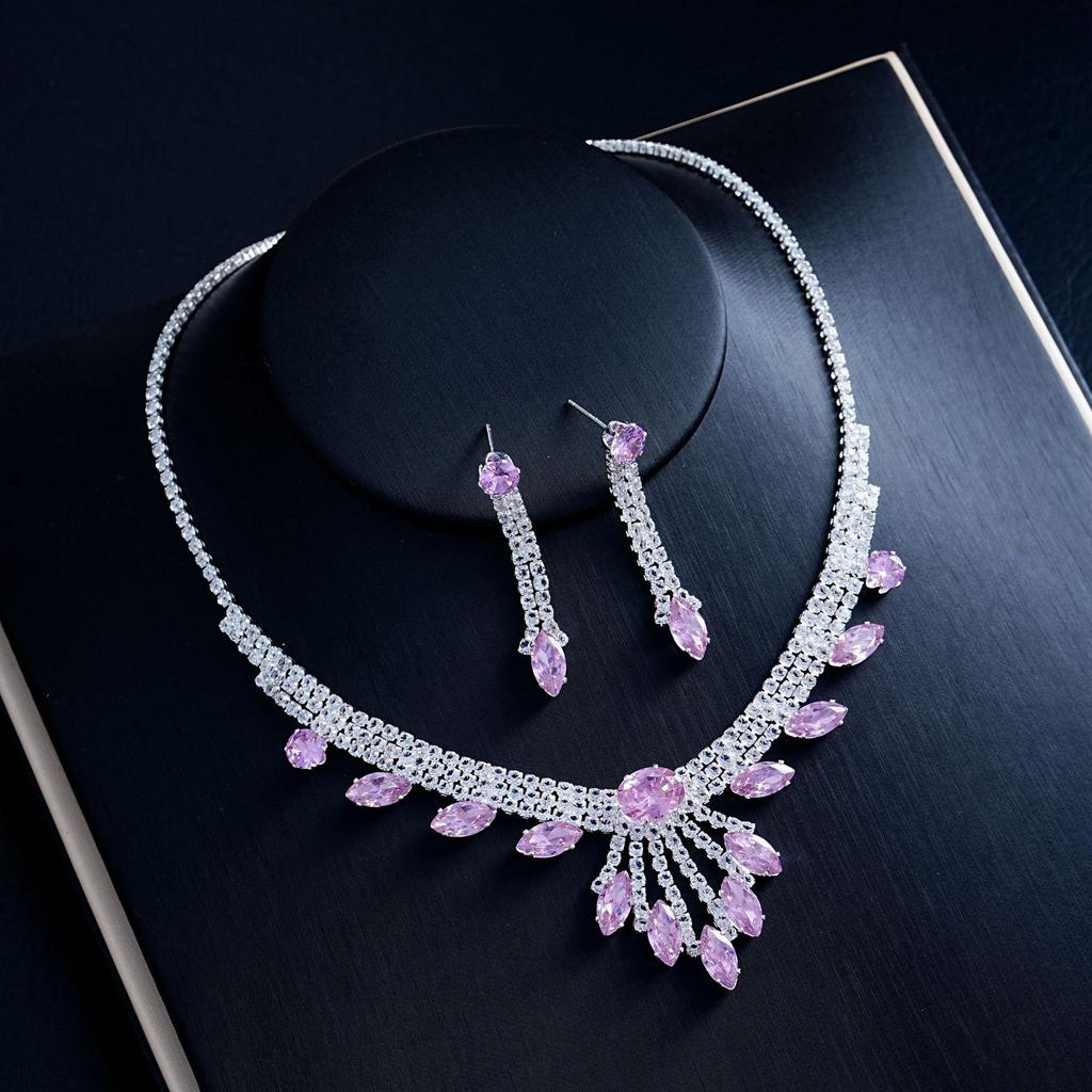 Bridal Rhinestone Necklace & Earrings Set - Evening Wedding Jewelry Accessories