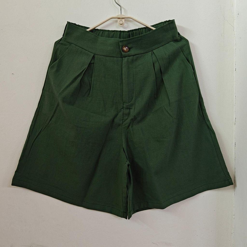 Summer Elastic Waist Cotton-Linen Capris with Wide Legs and Retro Solid Color