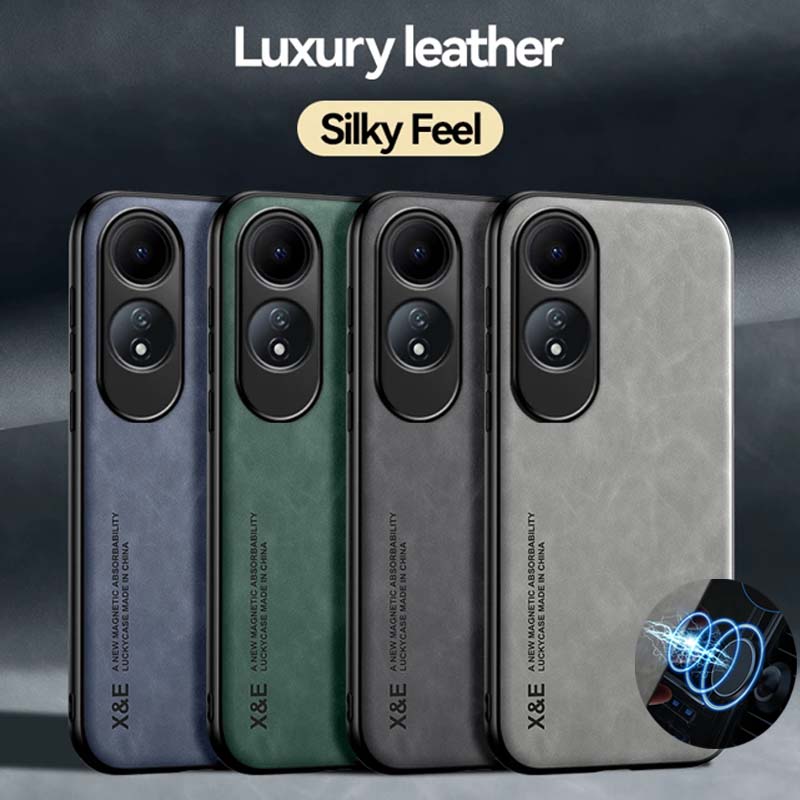 OPPO A60 4G A79 A58 A78 A98 A57 A97 A96 A95 A53 A32 A74 İçin Metal Plakalı Destekli Lüks Deri Kılıf Araç Tutucu ile