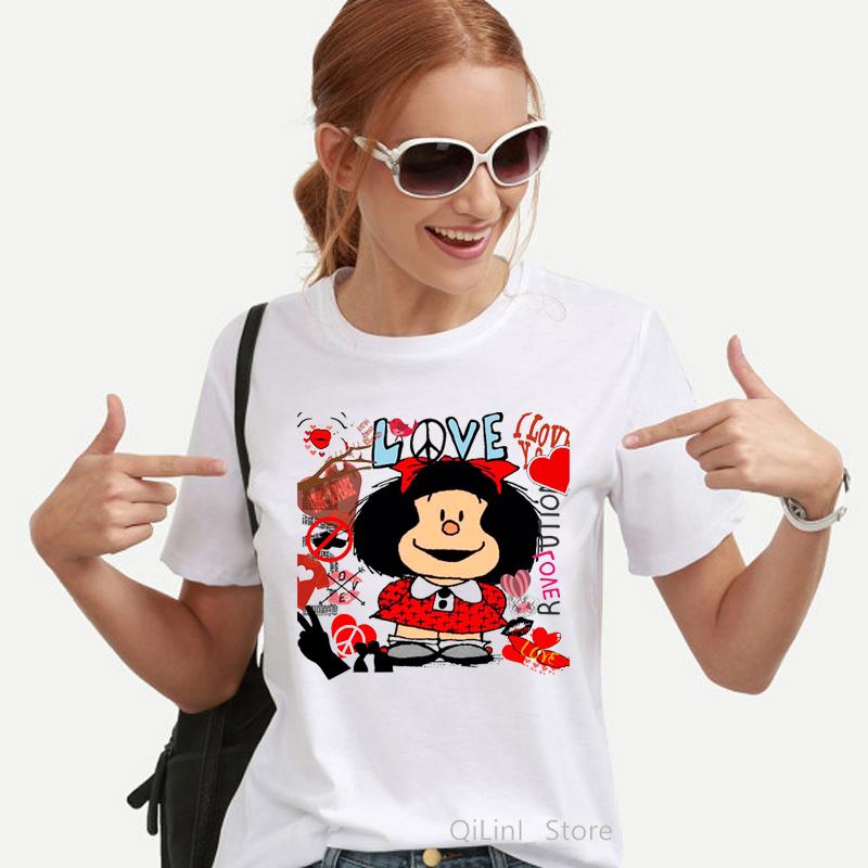 Kawaii Engraado Mafalda Impresso Grfica Camiseta Feminina Harajuku Roupas Estticas Branco Topos Tshirt 2021 Moda Casual Feminino T Camisa