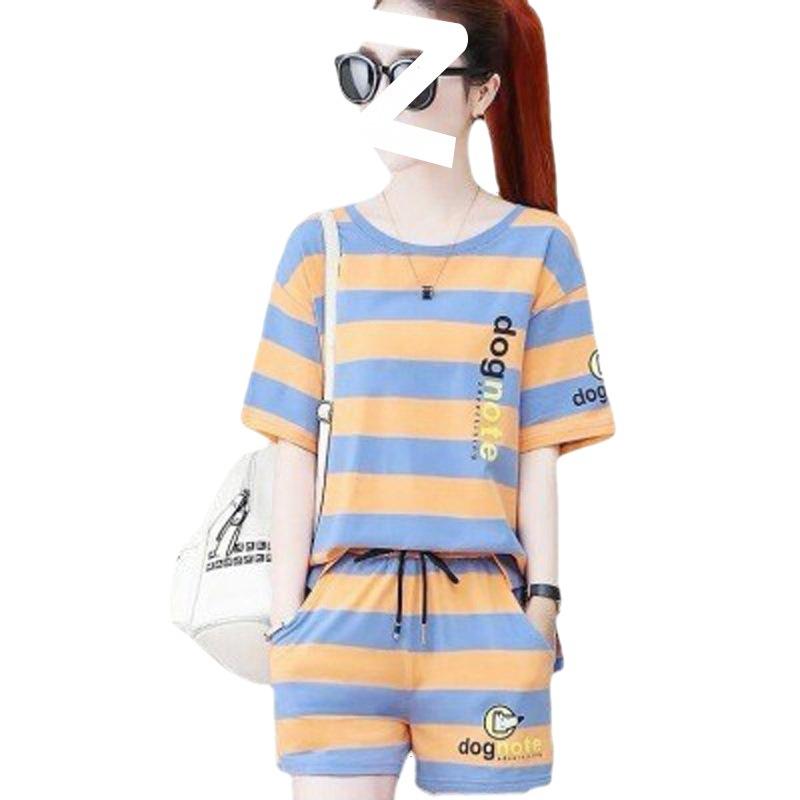 Summer Fashion Loose Short-sleeved Shorts Age-reducing Casual Two-piece Striped Shirt Sports Suit for Female Students