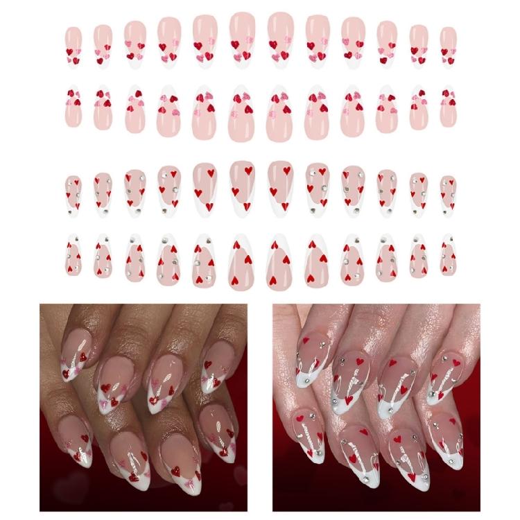 Women's Valentine Special Press On Nail 48Pcs Red Heart Glitters White French Design Multiple Sizes Easy Apply