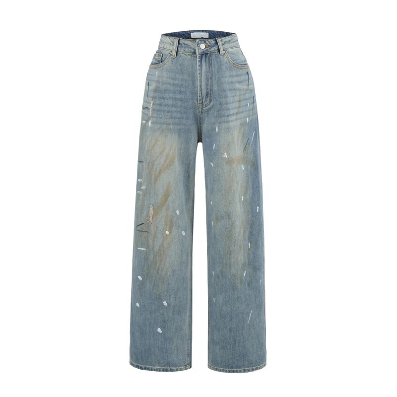 Summer Women's Clothing French Vintage Style Washing Effect Distressed Tie-Dye Decoration Straight Wide Leg Mop Long Denim