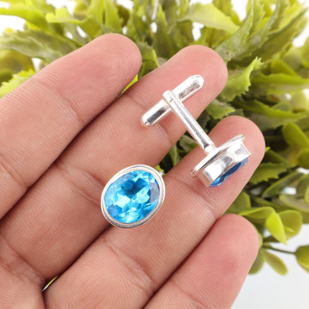 Swiss Blue Topaz Gemstone 925 Sterling Silver Jewelry Handmade Cufflinks 0.59" CL-2-2