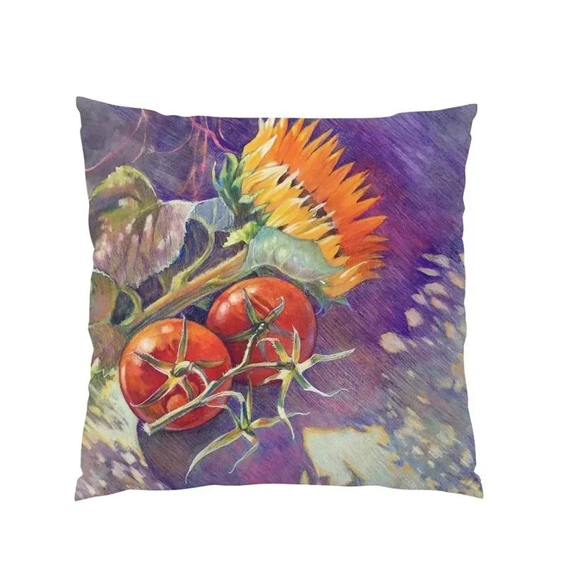 Retro Oil Painting Fruits And Vegetables Pepper Flower Pattern Pillowcase Car Living Room Sofa Decoration Pillowcase 45*45Cm