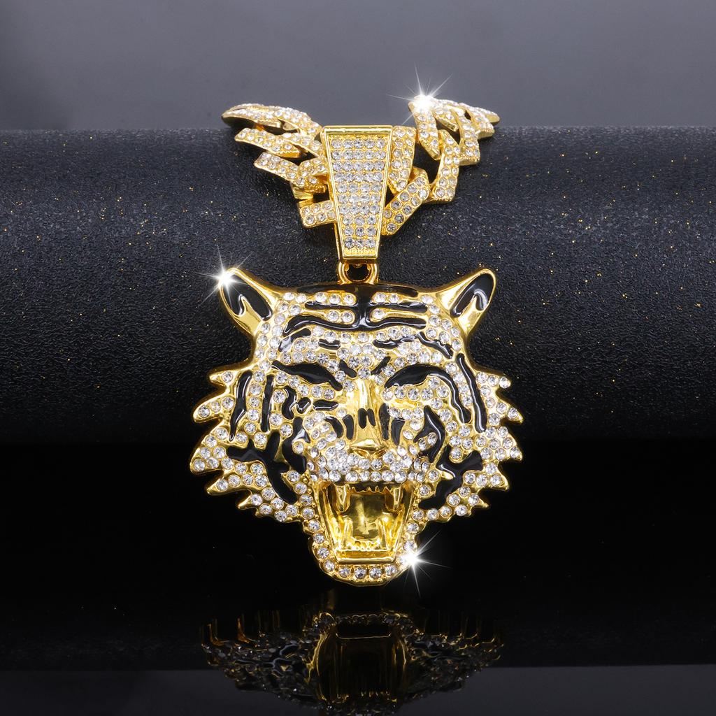 European American Cool 3D Full Rhinestone New Enamel Tiger Head Pendant, Trendsetter Personalized Men Hip Hop Necklace