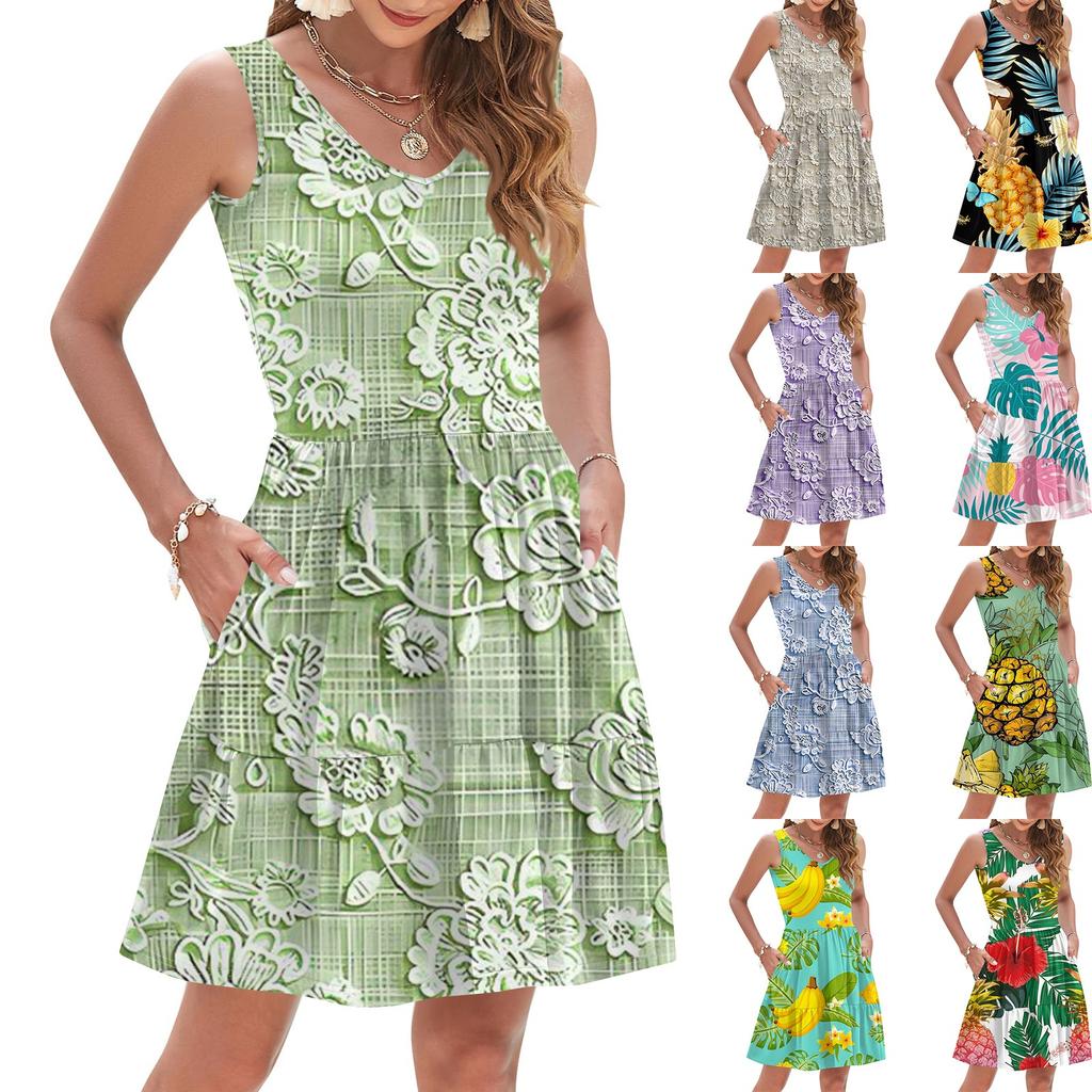 Women's Summer Fashion Casual V-Neck Pleated Stitching Hawaiian Floral Print Sleeveless Pocket Vest Dress