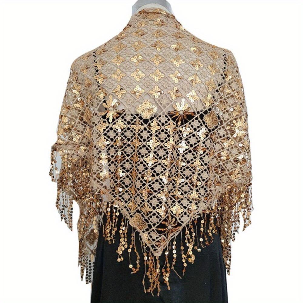 Hollow Triangle Sequin Lace Shawl Bridal Wedding Women Luxury Party Wrap Female Shiny Glitter Stole Club Scarf with Tassel